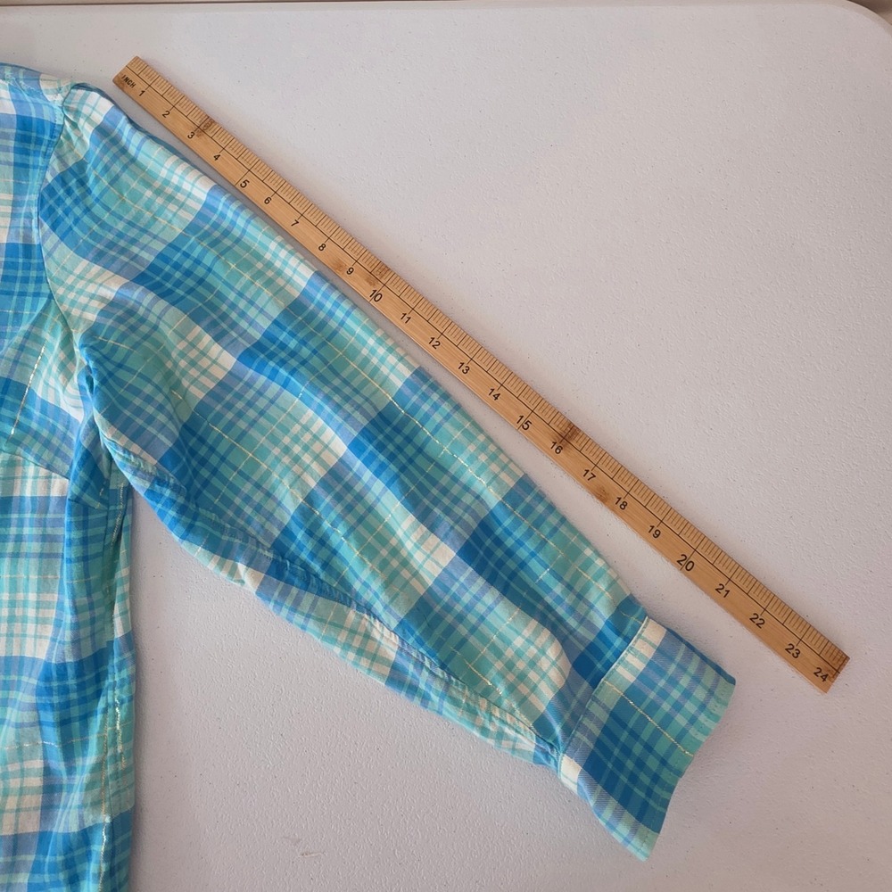 Talbots Button Shirt Womens 1X Blue Plaid Metallic Lightweight Flannel Autumn - Picture 6 of 8